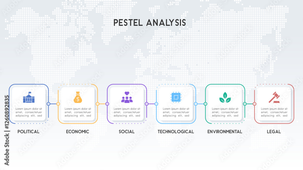 Fototapeta World Map Background PESTEL Analysis Infographic with Transparent Nodes and Dotted Design