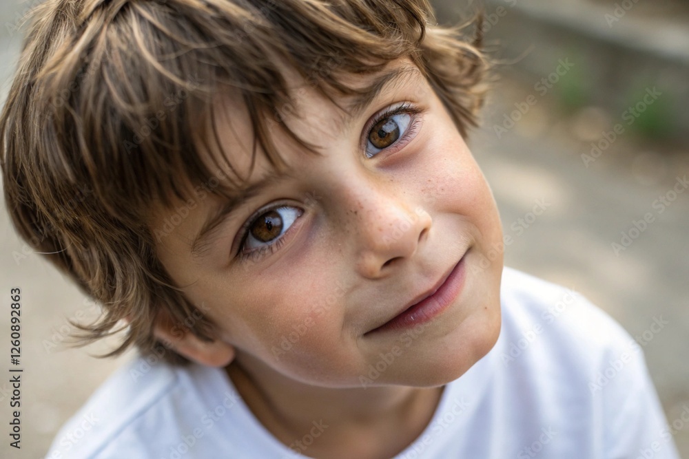 Close-up portrait, young child, bright eyes, innocent smile, tousled brown hair, white shirt, soft lighting, outdoor setting, natural background, joyful expression, depth of field, candid moment Close-up portrait, young child, bright eyes, innocent smile, tousled brown hair, white shirt, soft lighting, outdoor setting, natural background, joyful expression, depth of field, candid moment