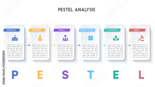 Flat PESTEL Analysis Infographic with Color Coded Panels and Large Letter Headings