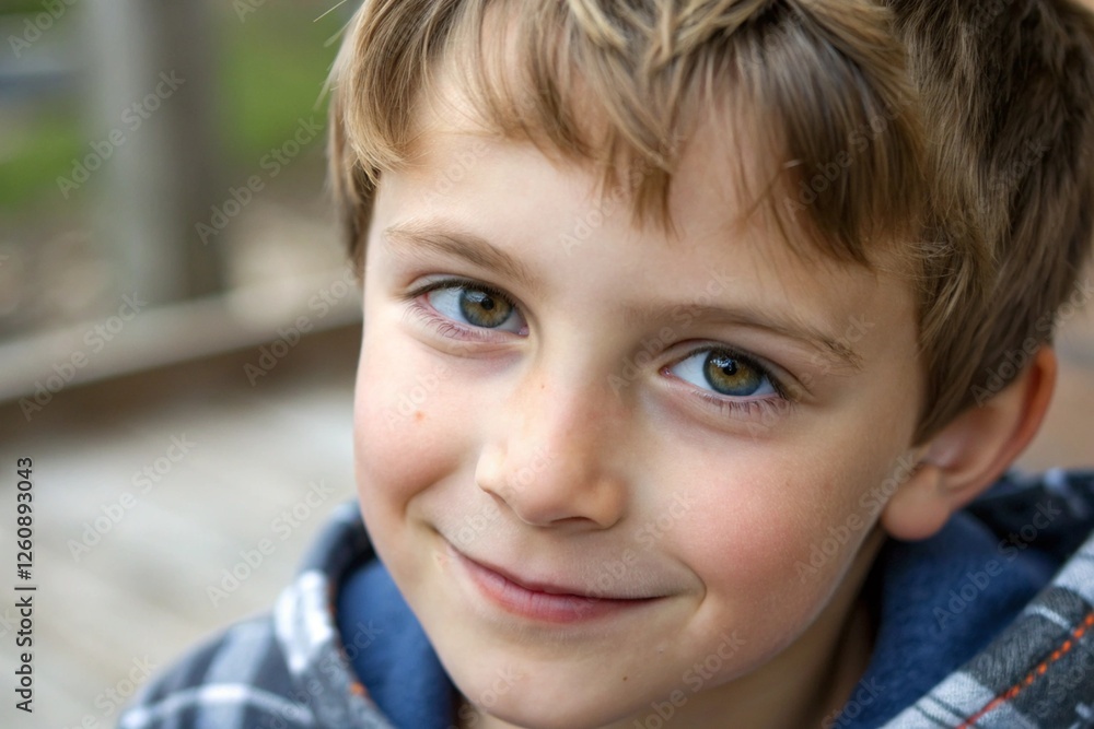 Young boy portrait, closeup, bright blue eyes, slight smile, tousled brown hair, natural lighting, soft focus background, indoor setting, innocence, childhood, warmth, comforting atmosphere Young boy portrait, closeup, bright blue eyes, slight smile, tousled brown hair, natural lighting, soft focus background, indoor setting, innocence, childhood, warmth, comforting atmosphere