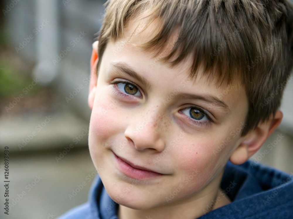 Young boy portrait, freckles, bright blue eyes, soft lighting, shallow depth of field, natural expression, outdoor setting, closeup, photorealistic, high detail, gentle smile, brown hair, innocence Young boy portrait, freckles, bright blue eyes, soft lighting, shallow depth of field, natural expression, outdoor setting, closeup, photorealistic, high detail, gentle smile, brown hair, innocence