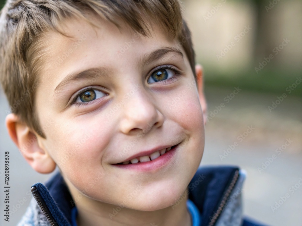 Young boy portrait, smiling, short brown hair, blue eyes, soft lighting, shallow depth of field, close-up, outdoor setting, natural expression, joyful, innocent, childhood, casual blue shirt