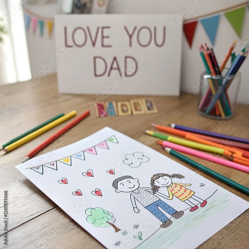 Child's drawing of a family titled Love You Dad and colorful pencils on a table. Father's Day banner photo