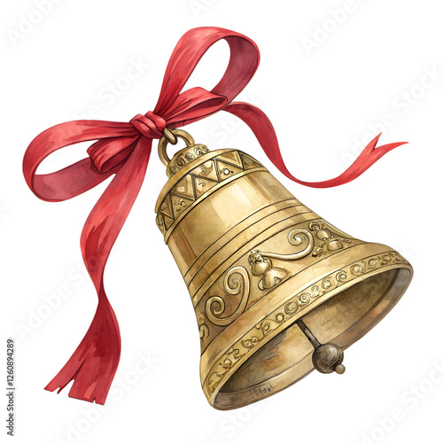 Ornate Gold Bell with Red Ribbon Bow Watercolor Illustration Festive Christmas Holiday Decoration Vintage Style Image