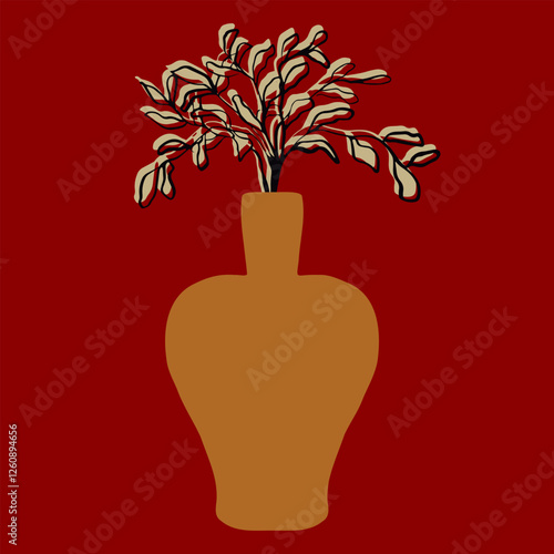 An abstract branch with leaves in a large vase. Vector illustration of stylish home decor. A flower pot with a plant.