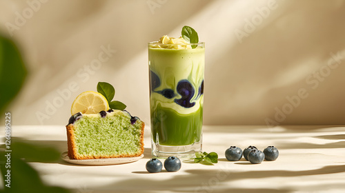 Delightful dessert spread: matcha drink, cake slice with blueberries and lemon.