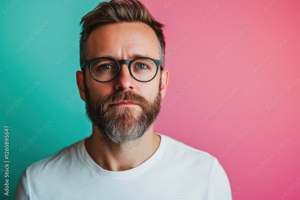 Confident Man with Beard and Glasses Against a Vibrant Background Confident Man with Beard and Glasses Against a Vibrant Background