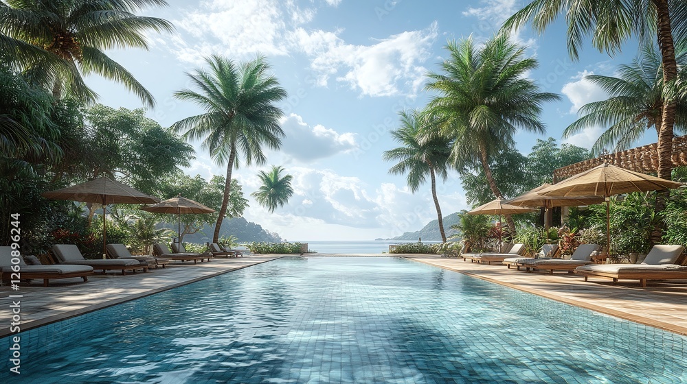 Fototapeta premium tropical getaway featuring a swimming pool surrounded by coconut trees and bungalows at a scenic and peaceful seaside resort