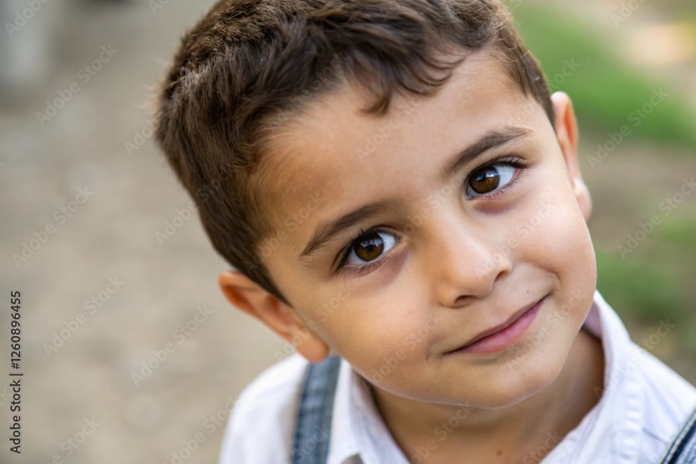 Young boy portrait, innocent smile, big brown eyes, close-up, natural lighting, soft focus, outdoor setting, blurred background, white shirt, candid expression, warm tones, Mediterranean features Young boy portrait, innocent smile, big brown eyes, close-up, natural lighting, soft focus, outdoor setting, blurred background, white shirt, candid expression, warm tones, Mediterranean features
