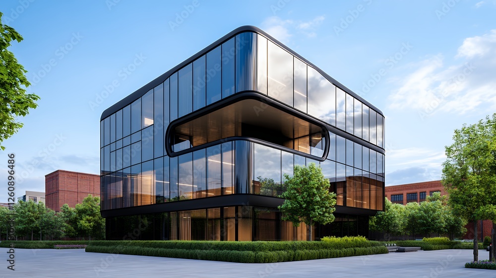 Modern Glass Office Building with Geometric Design Modern Glass Office Building with Geometric Design