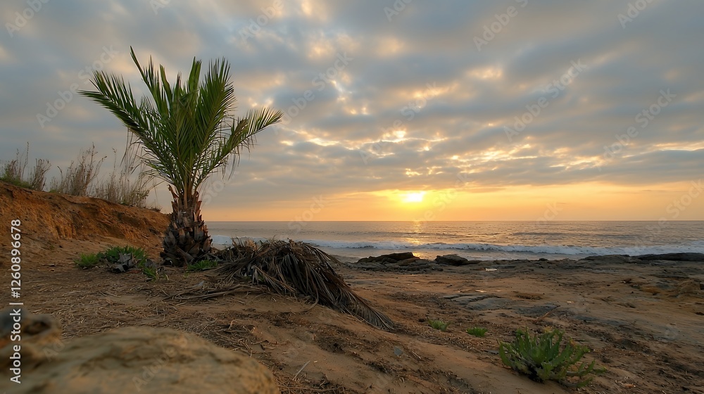 Sunrise Coastal Scene Palm Tree on Sandy Beach