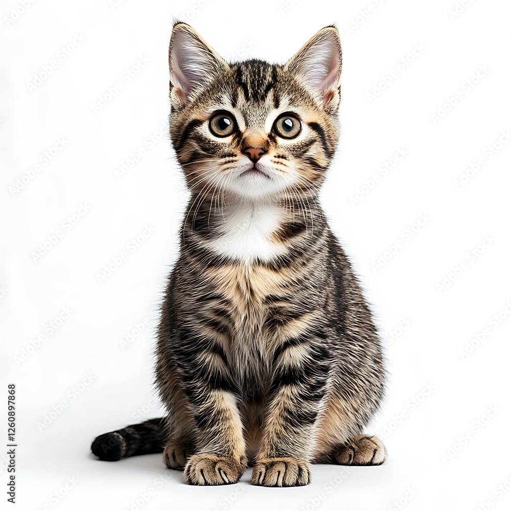 Cute tabby kitten sitting, white background, studio shot, pet adoption Cute tabby kitten sitting, white background, studio shot, pet adoption