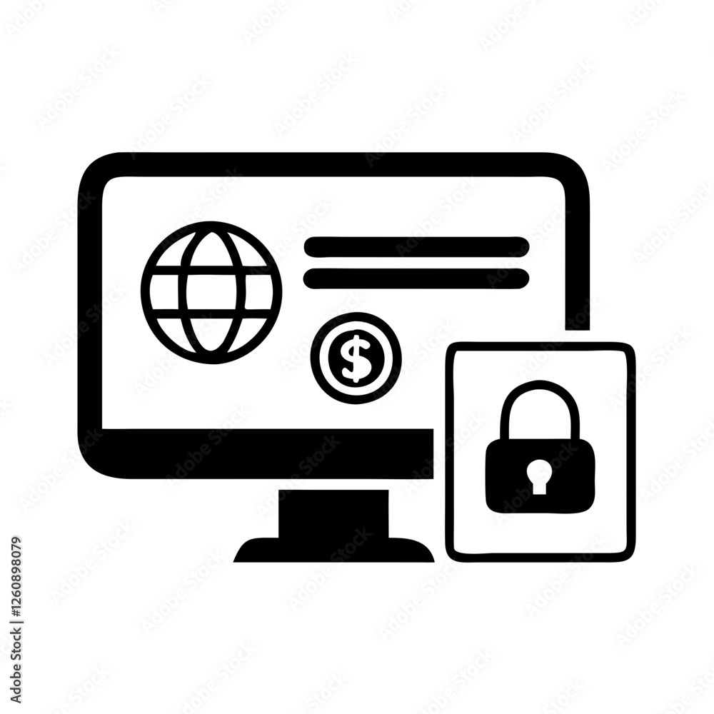Payment gateway icon with computer, padlock, dollar sign, globe, and international money transfer protection
Payment gateway icon with computer, padlock, dollar sign, globe, and international money transfer protection