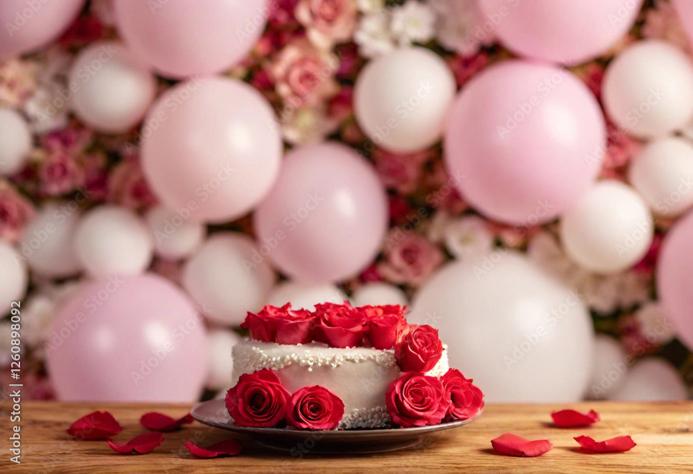 An enchanting photo showcasing a heart-shaped cake embellished with icing roses and surrounded by vibrant petals. Heart-shaped balloons are artistically arranged in the background, creating a whimsica An enchanting photo showcasing a heart-shaped cake embellished with icing roses and surrounded by vibrant petals. Heart-shaped balloons are artistically arranged in the background, creating a whimsica