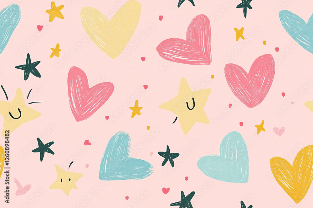 Repeating pattern with hearts and stars, made in a childish style on a pink background, textures, patterns Repeating pattern with hearts and stars, made in a childish style on a pink background, textures, patterns