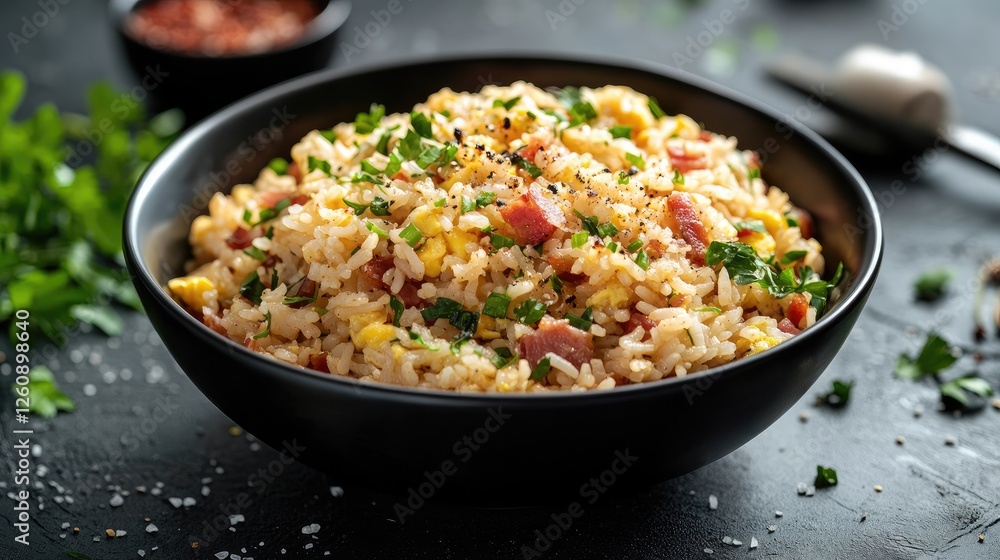 Carbonara fried rice with pancetta, pecorino romano cheese, eggs in a black bowl Carbonara fried rice with pancetta, pecorino romano cheese, eggs in a black bowl