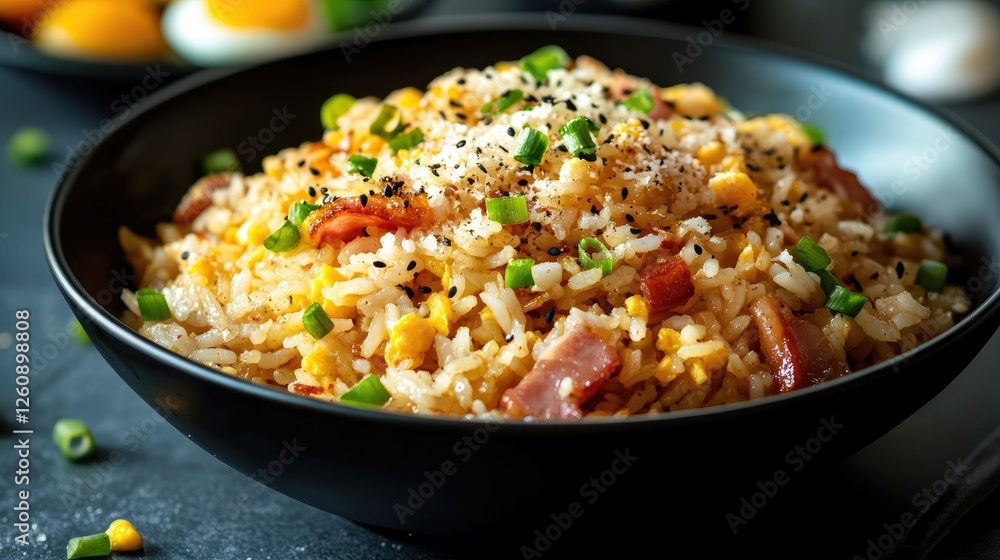 Carbonara fried rice with pancetta, pecorino romano cheese, eggs in a black bowl Carbonara fried rice with pancetta, pecorino romano cheese, eggs in a black bowl