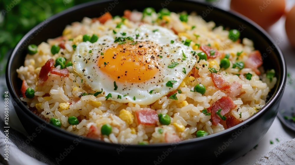 Carbonara fried rice with pancetta, pecorino romano cheese, eggs in a black bowl Carbonara fried rice with pancetta, pecorino romano cheese, eggs in a black bowl