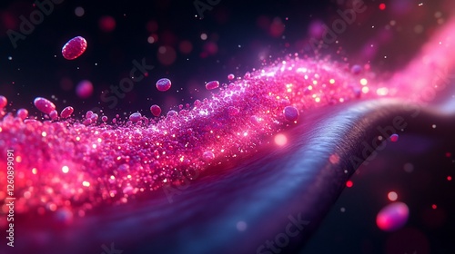 Pink particles flowing in vessel, dark background, science concept, medical illustration