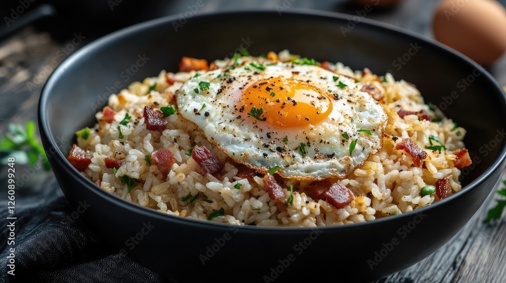 Carbonara fried rice with pancetta, pecorino romano cheese, eggs in a black bowl Carbonara fried rice with pancetta, pecorino romano cheese, eggs in a black bowl