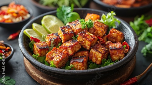 homemade organic tempeh a clean traditional Indonesian meal packed with fresh plant-based protein from fermented soybeans and simple nutrition photo