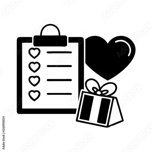 Wishlist icon with hearts, checklist, and gift box, black and white graphic