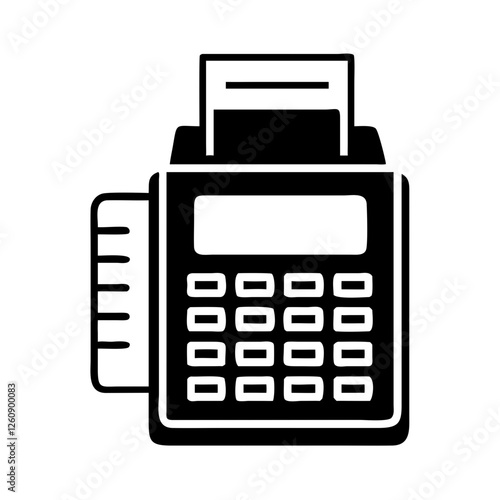 Cash register icon with calculator, black and white graphic, retail payment tool
