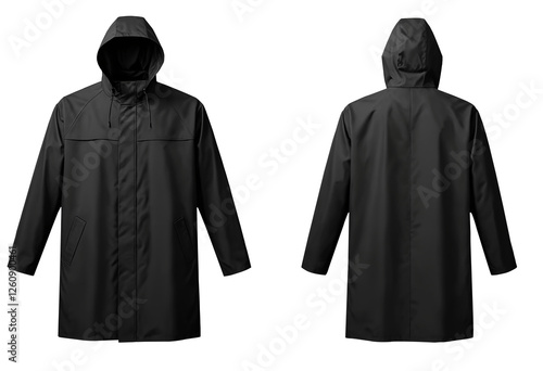 Front and back view of a black raincoat template on a transparent background.	
