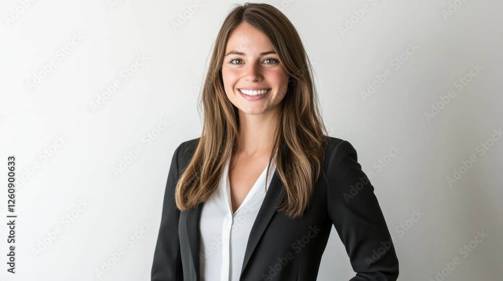 A professional young woman standing confidently on a white background, dressed in business attire, with a welcoming smile and plenty of space for your brand message. A professional young woman standing confidently on a white background, dressed in business attire, with a welcoming smile and plenty of space for your brand message.