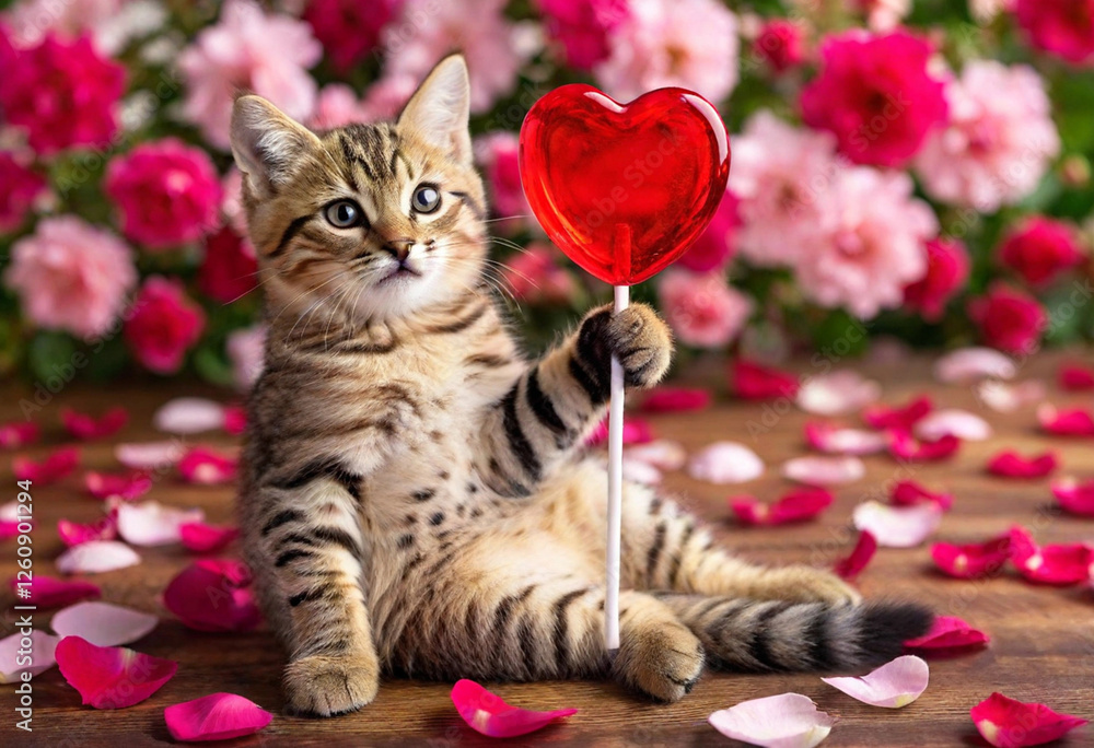 Φωτογραφία A whimsical cartoon image of a fluffy kitten holding a giant heart-shaped lollipop in its paws, sitting among vibrant flowers and scattered rose petals