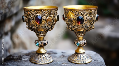 Ornate gold cups on stone, ornate, detailed, vintage, display, decoration, background, outdoor, photography photo