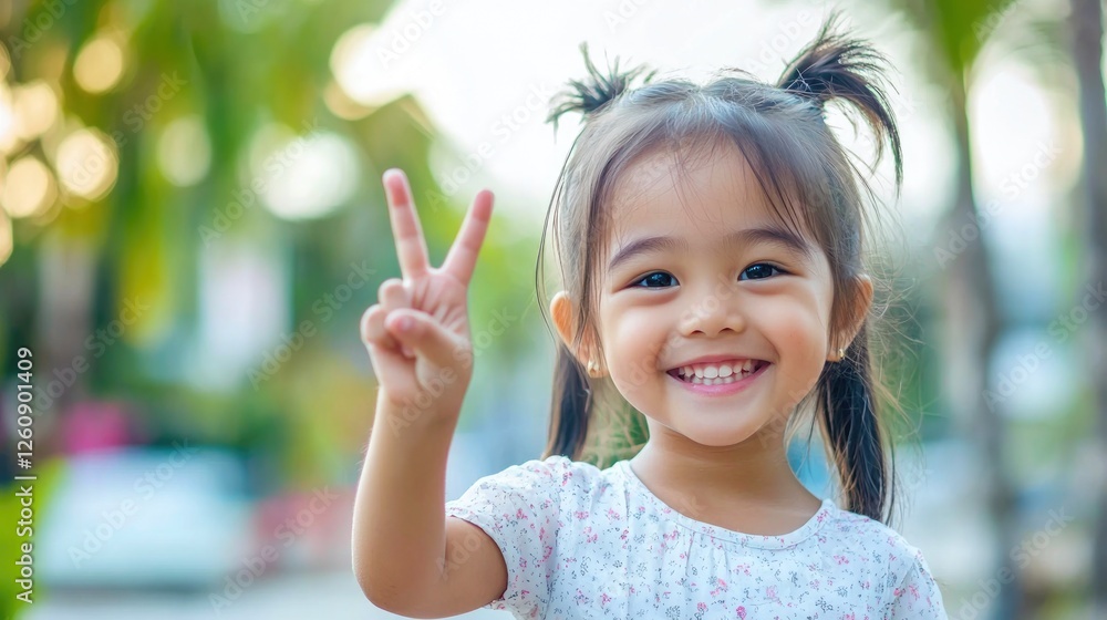 Cheerful child smiling with peace sign Cheerful child smiling with peace sign