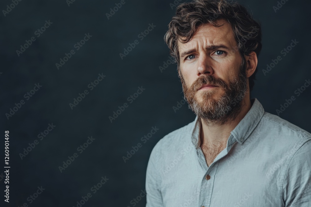 Obraz premium Thoughtful Man with Beard in Casual Shirt Against Dark Background