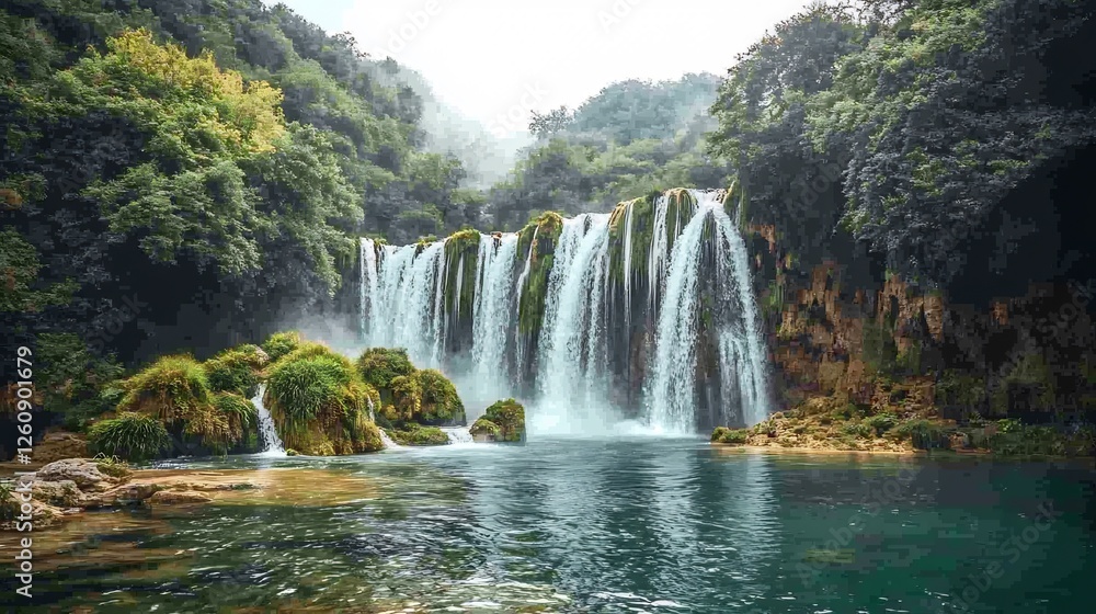 Fototapeta premium Lush Waterfall Cascading into Tranquil Pool, Green Foliage Background, Nature Serenity