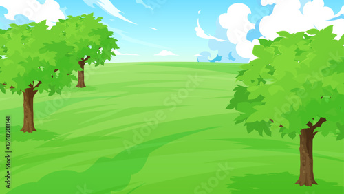 木のある芝生の公園の背景イラスト_16:9
