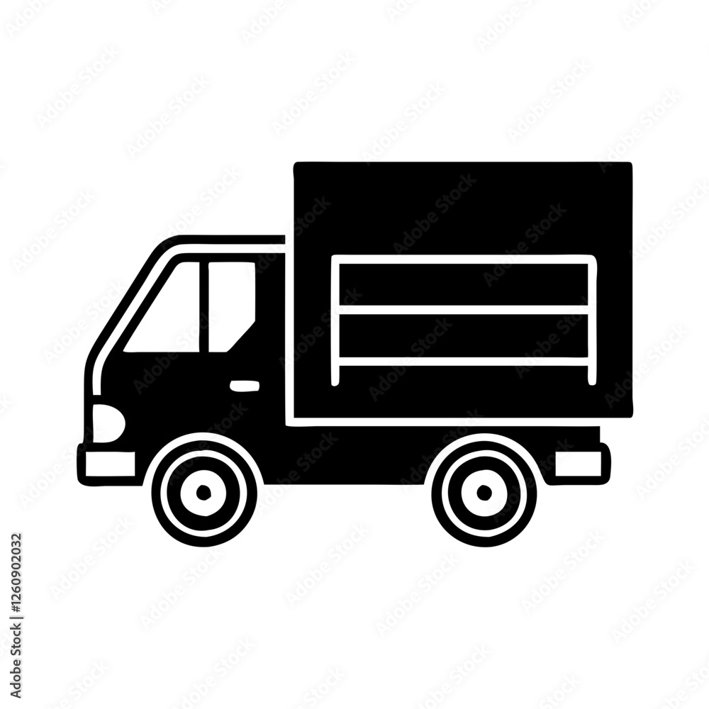 Fototapeta premium Delivery truck icon, black and white graphic, cargo vehicle side view