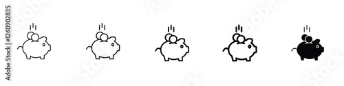 set of 5 pixel perfect Piggy Bank icon with 1 unexpanded, 1 silhouette, A piggy bank icon represents savings, finance and money management