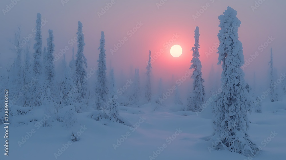 Obraz premium Pink sunset over snowy forest, Lapland, winter wonderland, travel