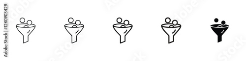 set of 5 pixel perfect Filter icon with 1 unexpanded, 1 silhouette, A filter icon represents sorting, refining and organizing data