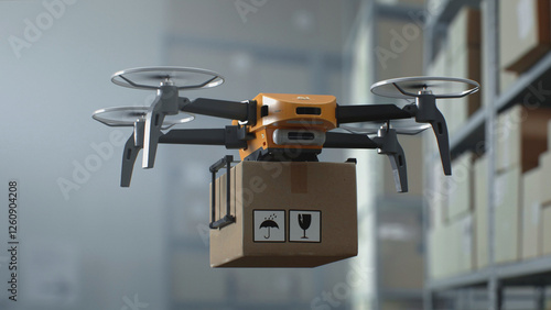 Canvastavla Modern Warehouse Facility: Unmanned UAV Drone Delivering Cardboard Box with Goods, Online Orders