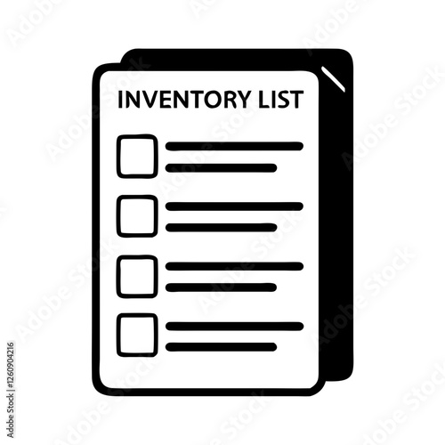 Inventory list icon with blank checklist, black and white graphic
