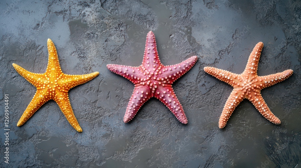 Three colorful starfish on textured surface Three colorful starfish on textured surface