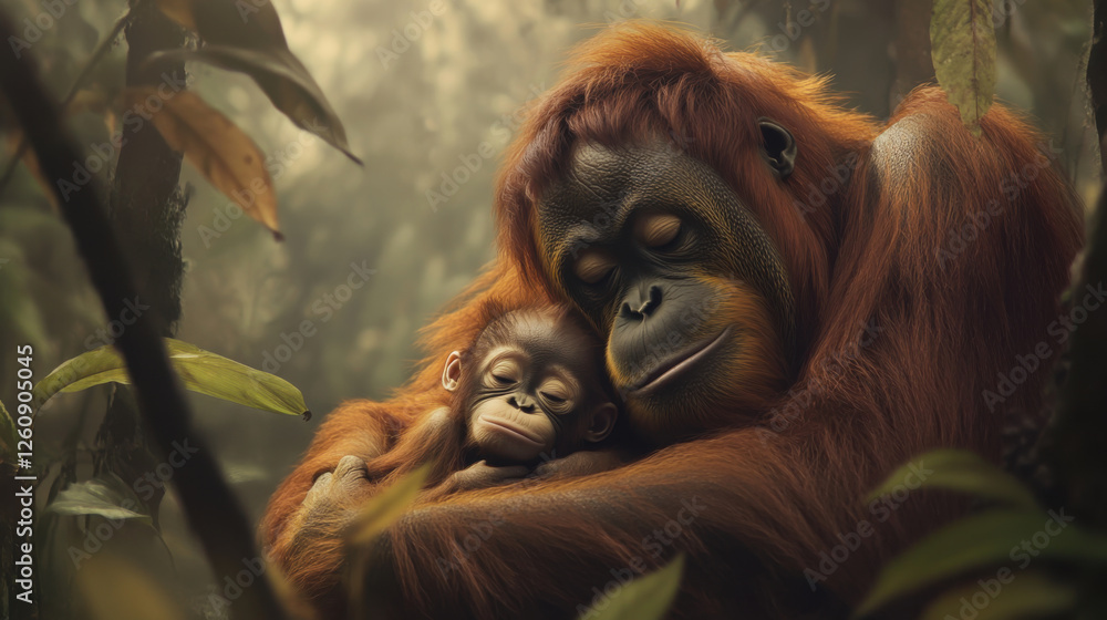 Obraz premium close up of orangutan mother hugging her baby in lush forest, showcasing their bond and tenderness. warm colors and soft light create serene atmosphere