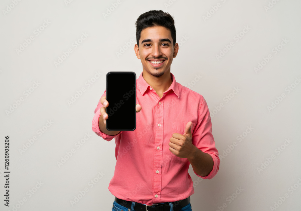 Man showing blank phone screen, Person holding smartphone with empty display, Generative AI image Man showing blank phone screen, Person holding smartphone with empty display, Generative AI image
