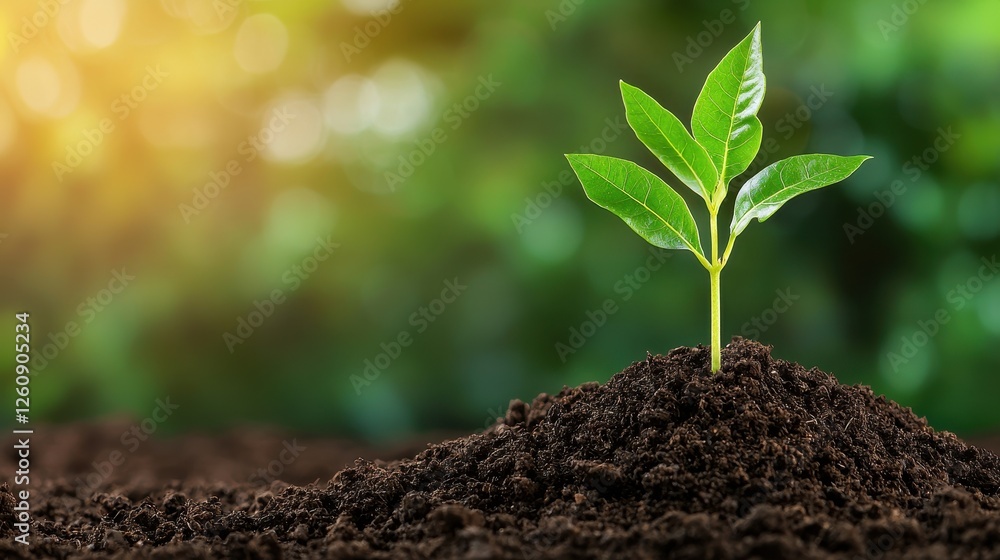 Fototapeta premium Young plant sprouting from rich soil in a natural setting.