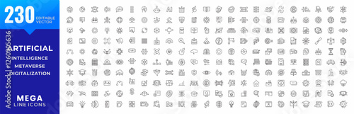 Big artificial intelligence line icons mega collection. AI technology, machine learning, metaverse, digitalization, digital AI technology, algorithm, big UI icon set. Thin outline icons pack.