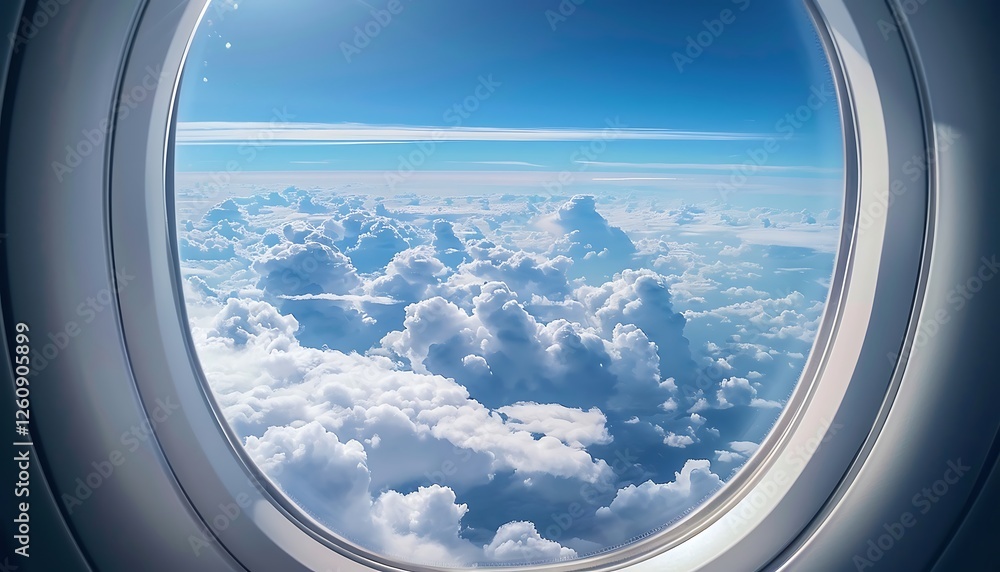 Clouds seen through the window of an airplane. Blue sky and white clouds. Clouds seen through the window of an airplane. Blue sky and white clouds.