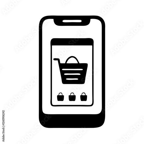 Mobile shopping icon with bags and cart in black and white style, online shopping concept
