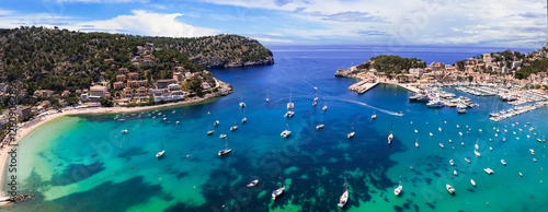 Mallorca island (Majorca) aerial panoramic view of Port de Soller marine , popular tourist destination. Spain, Balearic islands
