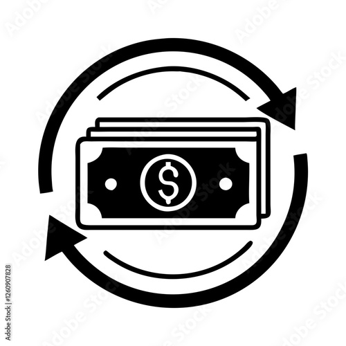 Refund icon with dollar bills and circular arrows in black and white style, money return concept